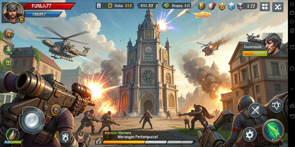 Screenshot gameplay FURLA77 menampilkan menara yang digunakan dalam pertahanan.