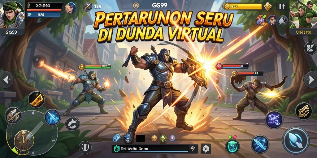 Screenshot utama GG99 menampilkan pertarungan epik di arena yang dramatis.