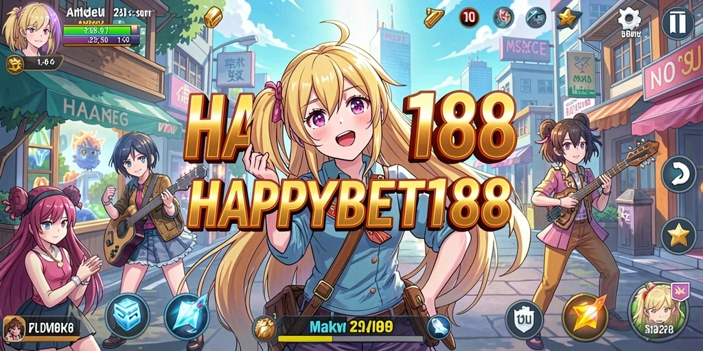 Screenshot utama dari gameplay <strong>HAPPYBET188</strong> dengan aksi karakter anime yang dinamis.