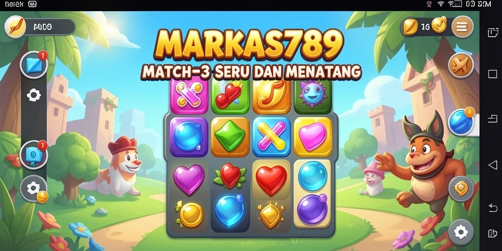 Tangkapan layar MARKAS789 menunjukkan gameplay seru Match-3 yang penuh warna.