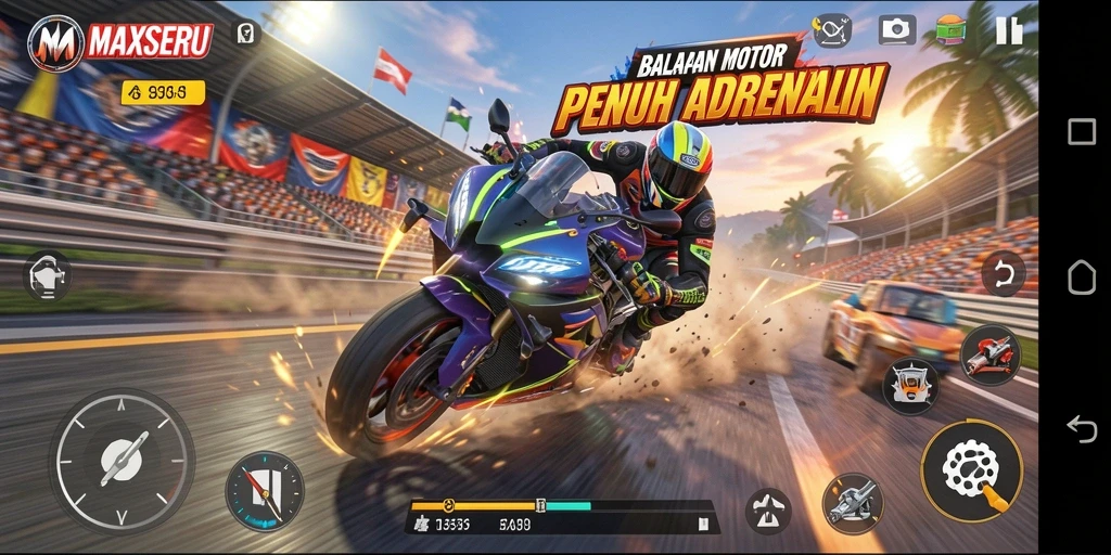 Tampilan gameplay mendebarkan dalam MAXSERU dengan balapan motor yang cepat dan intens.
