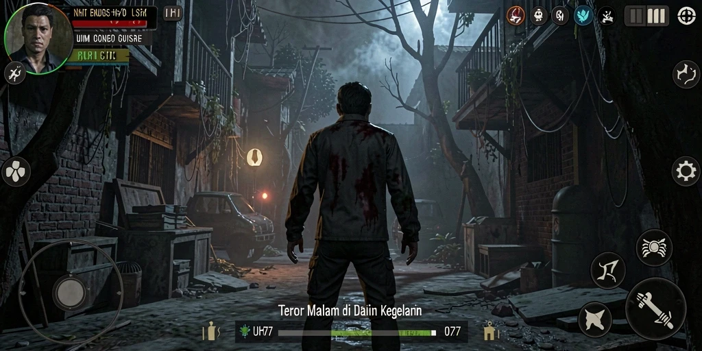Screenshot gameplay UH77 menampilkan suasana mencekam dan karakter menyeramkan.